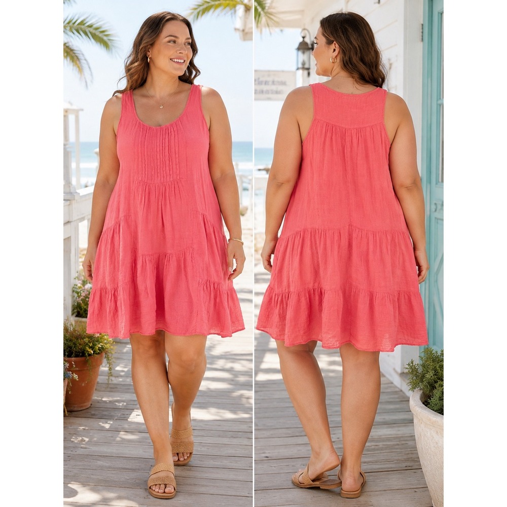 Tempo Paris Lagenlook Dress Womens XL Pink Linen Tiered Sleeveless Made Italy